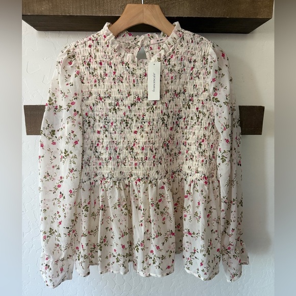Francesca’s|Mi Ami White Ditsy Floral Smocked Blouse, long sleeve in peplum••NWT - Picture 2 of 10